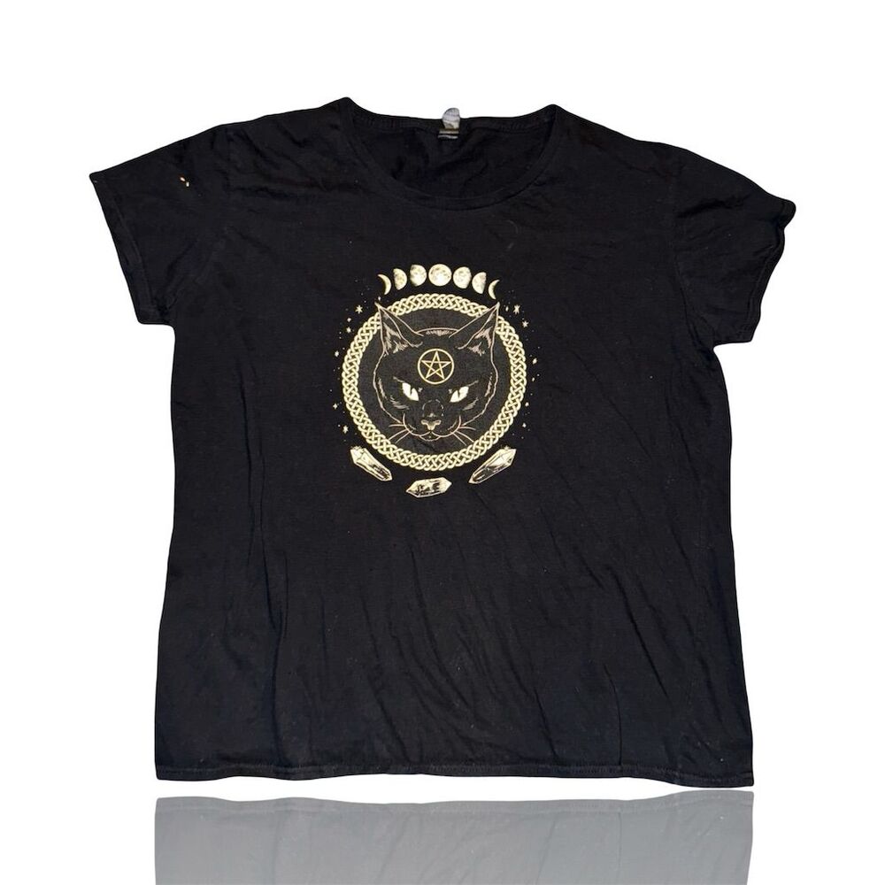 Gothic Black Cat Moon Phase Occult T-Shirt Black Women’s Short Sleeve XL